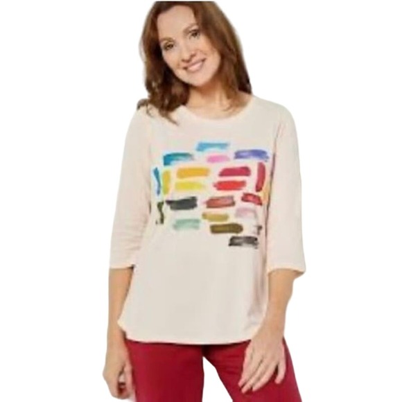 LOGO Limitees by Lori Goldstein 3/4 Sleeve Graphic Tee CHAMPAGNE NWOT SIZE XXS - Picture 1 of 7